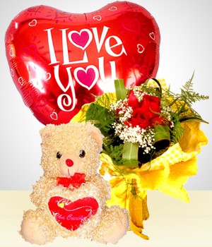 Ramo de 4 rosas rojas más peluche y globo $9.990.-